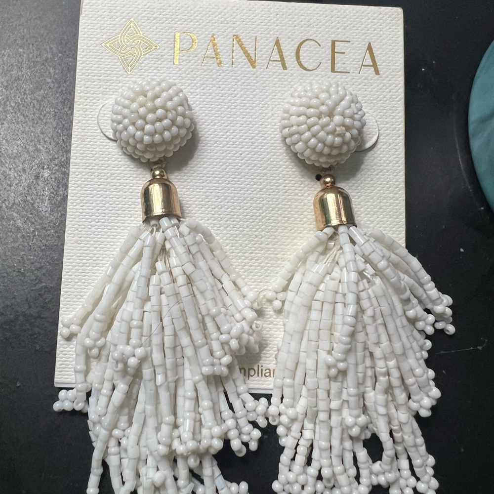 Panacea White Beaded Tassel Earrings